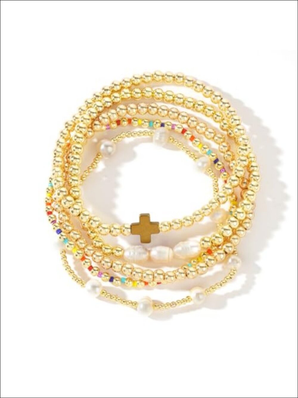 14K Gold Plated Pearl Beaded Cross Stretch Bracelet Set Women Boho Stackable